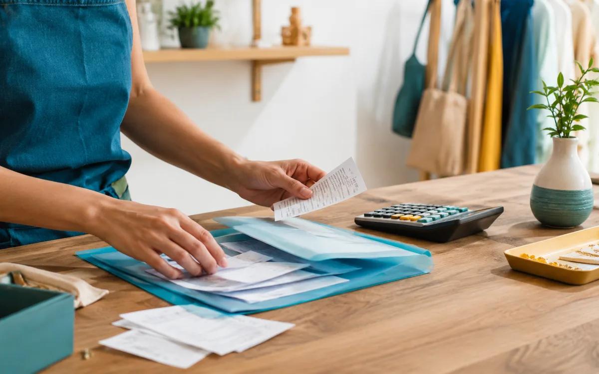 Mãos organizam comprovantes, pasta e calculadora para preparar a declaração anual do MEI