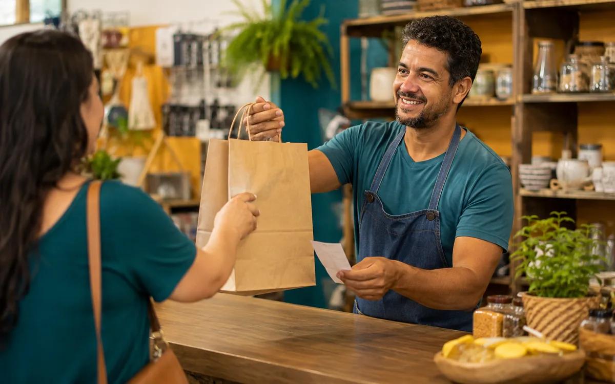 Pequeno comerciante entrega uma compra a cliente em balcão de loja, com documento fiscal discreto
