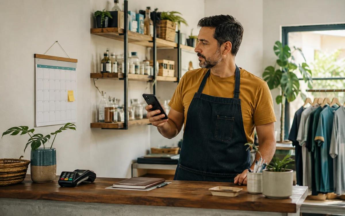 Microempreendedor confere no celular o calendário de pagamentos e as obrigações do MEI