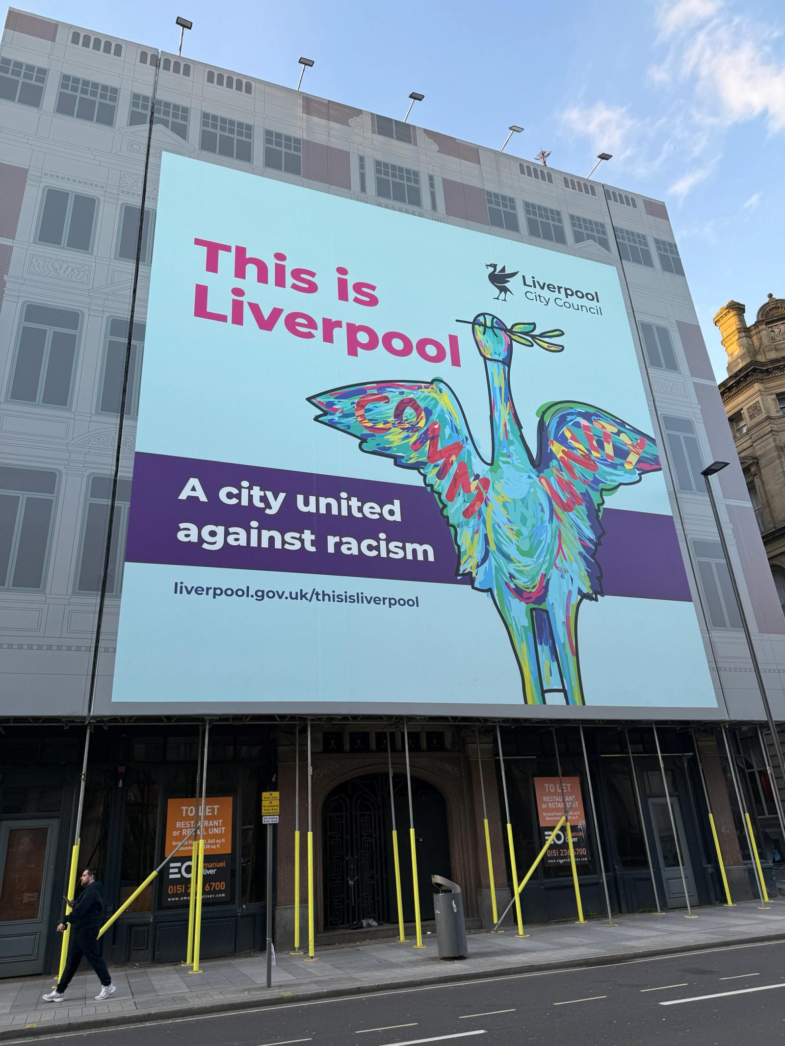 A banner saying Liverpool is a city united against racism