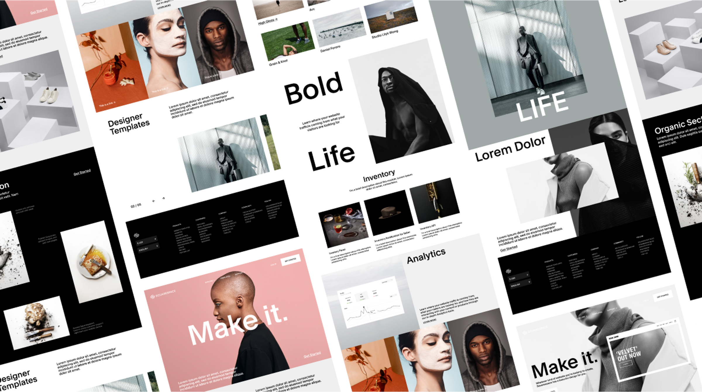 A variety of layouts created with the Squarespace brand components library