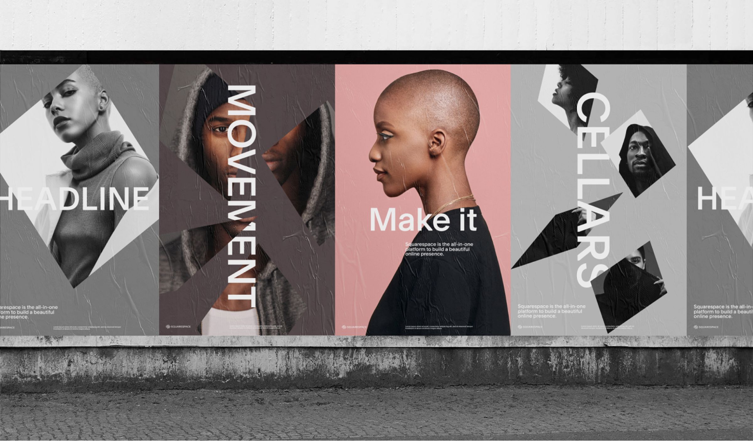 Squarespace branding used in posters on the side of a concrete wall