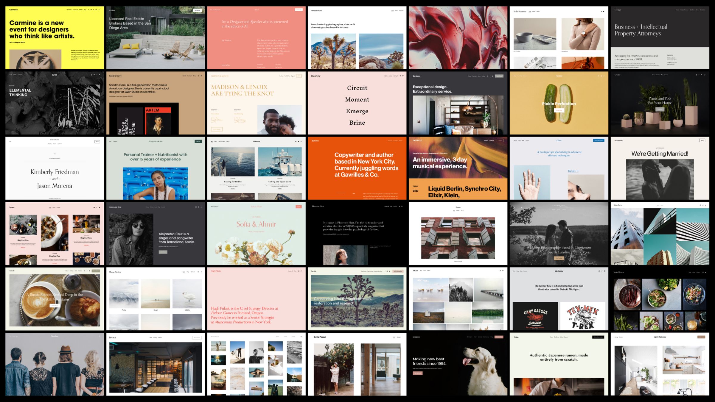 Template grid from a range of Squarespace templates