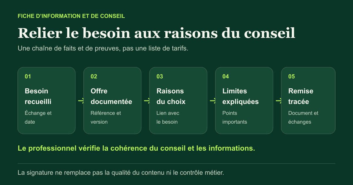 Préparation de la FIC : besoin recueilli, offre documentée, raisons du choix, limites expliquées et remise tracée.