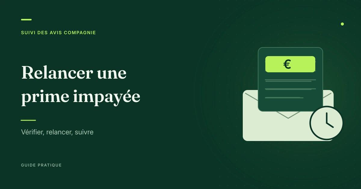 Avis de paiement, enveloppe et horloge stylisés illustrant le suivi amiable d’une prime impayée.