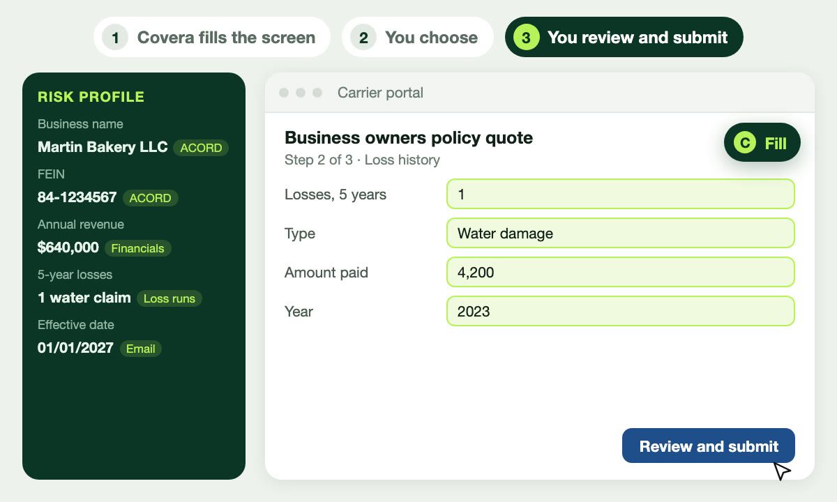 The Covera extension fills a carrier portal screen from the risk profile