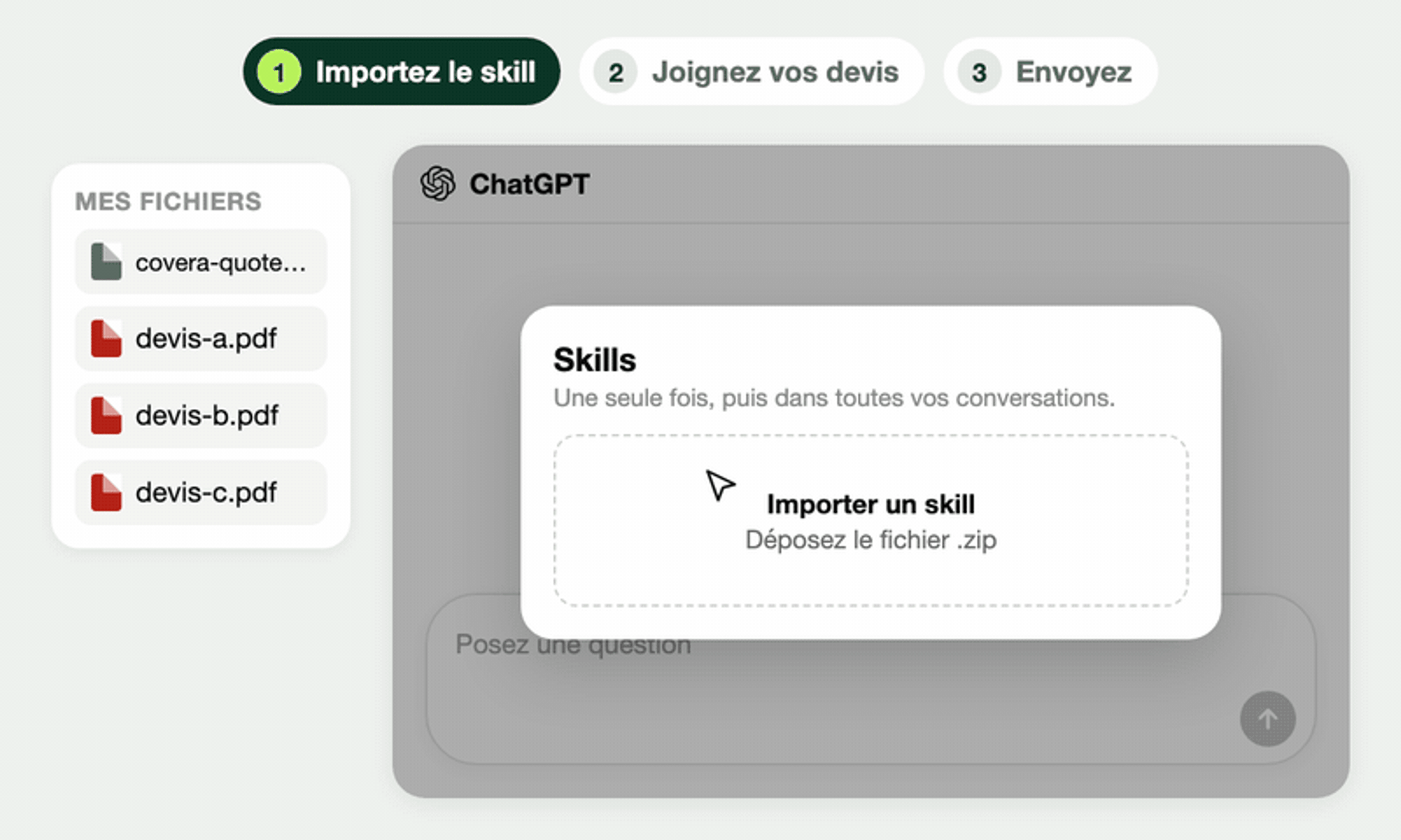 Dans ChatGPT : le skill Covera importé, trois devis joints, puis le PDF de comparatif qui arrive