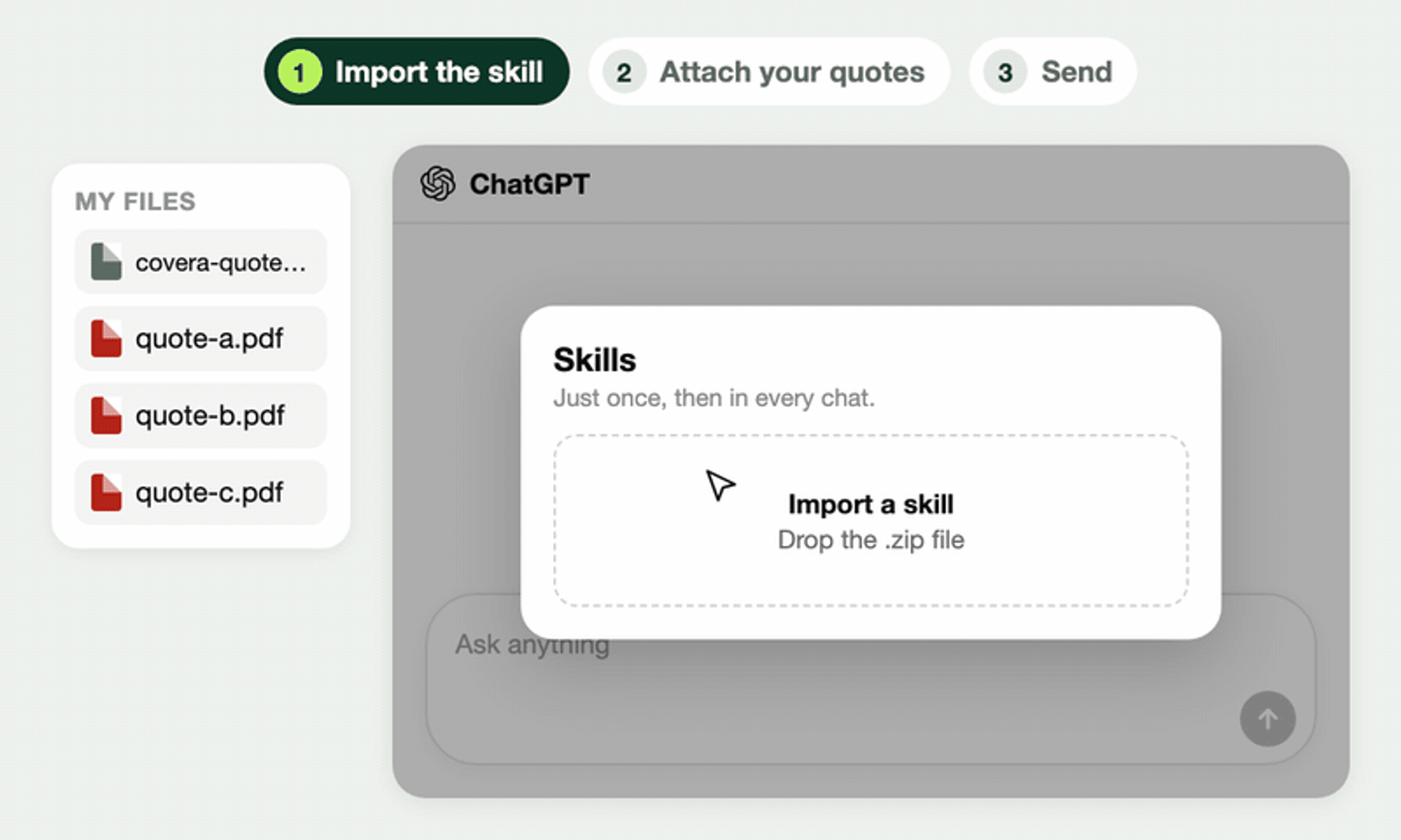 In ChatGPT: the Covera skill imported, three quotes attached, then the comparison PDF arrives