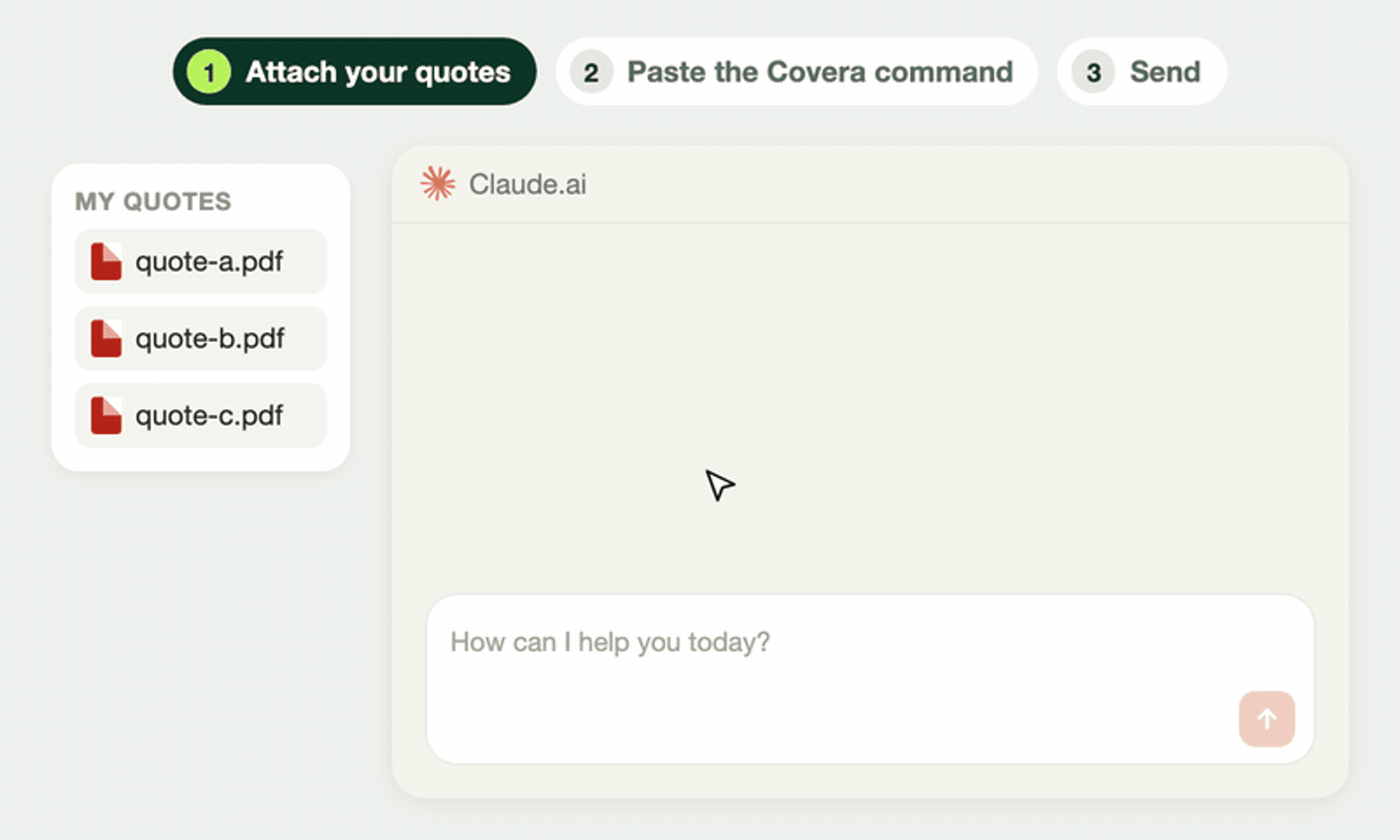 In Claude.ai: three quotes dropped into the chat, the Covera command pasted, then the comparison PDF arrives