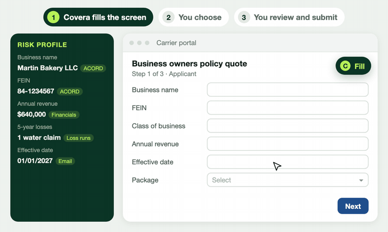 The Covera extension fills a carrier portal screen by screen from the risk profile, the agent picks the package and submits