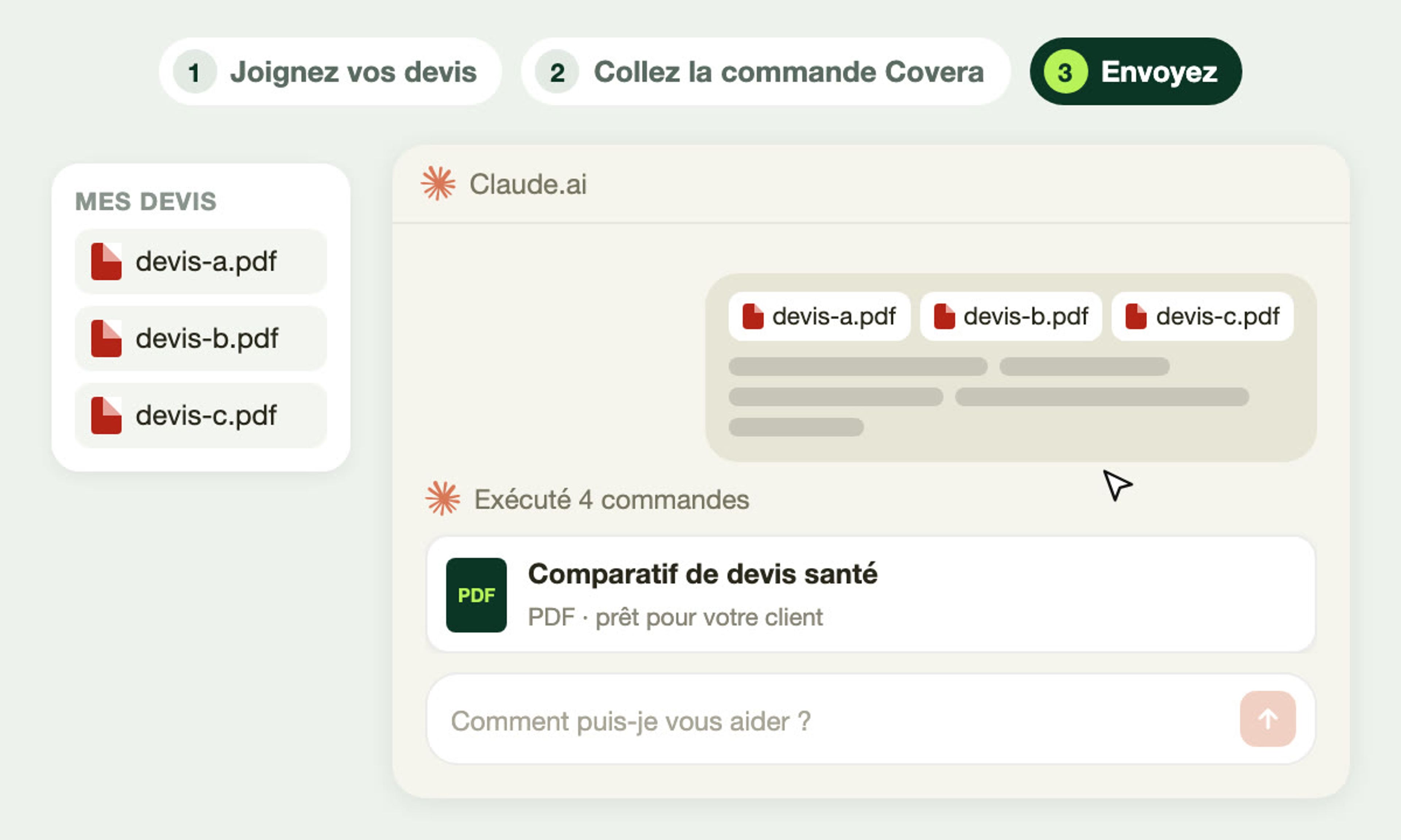 Trois devis glissés dans Claude, qui renvoie un PDF de comparatif