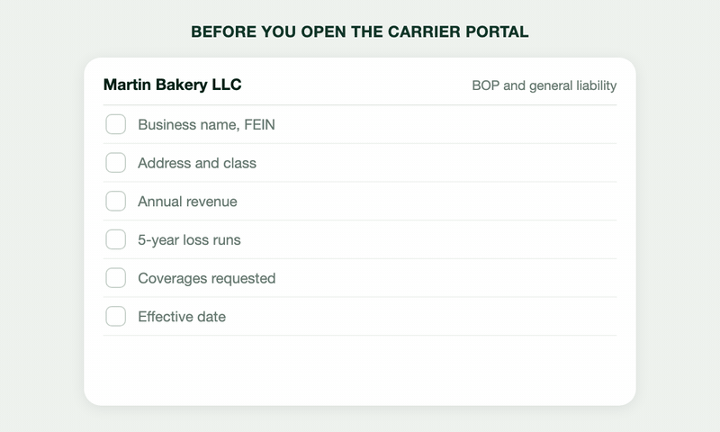 Submission checklist for a bakery: each answer checked with its source document
