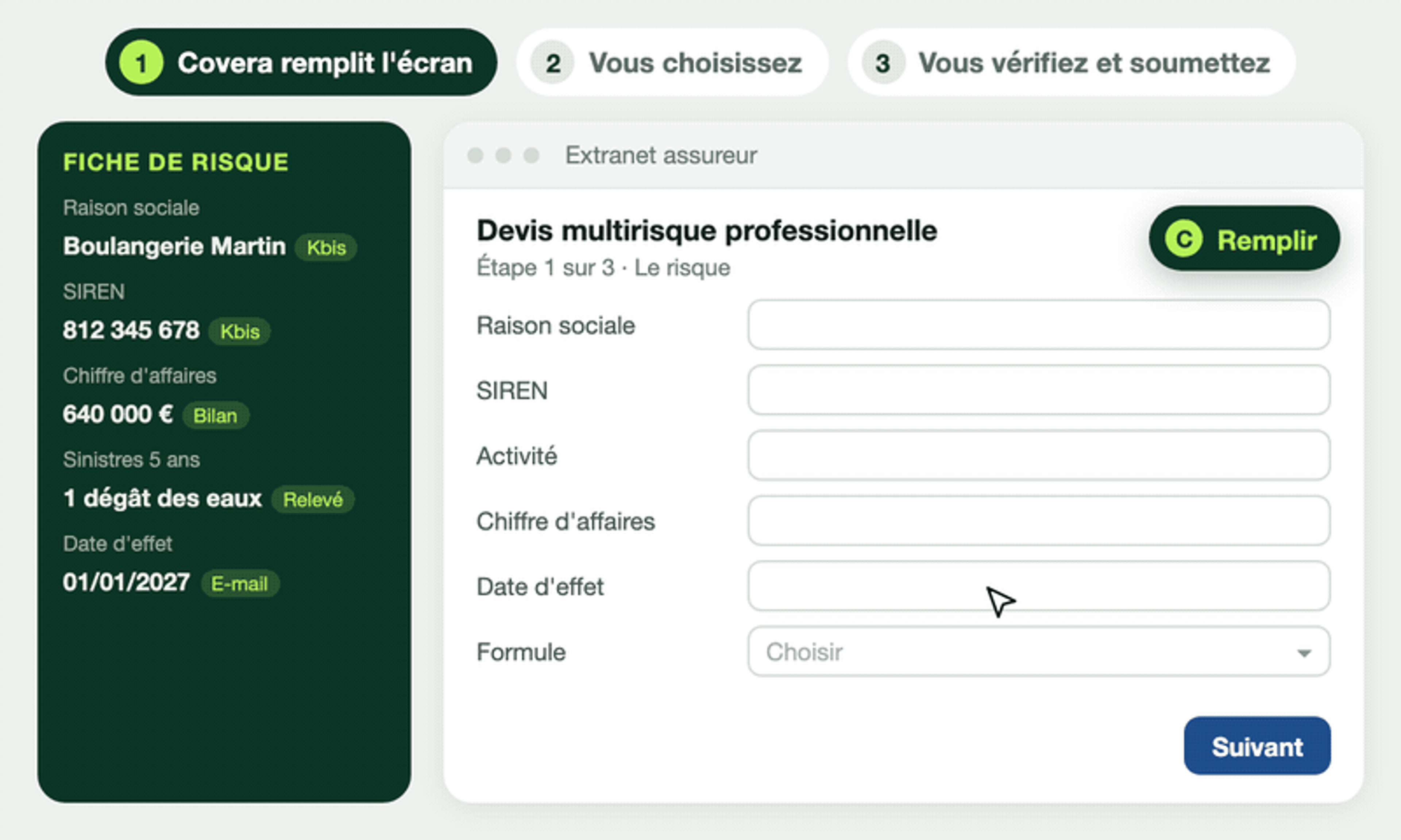 L'extension Covera remplit un extranet assureur écran par écran depuis la fiche de risque, le courtier choisit la formule puis soumet
