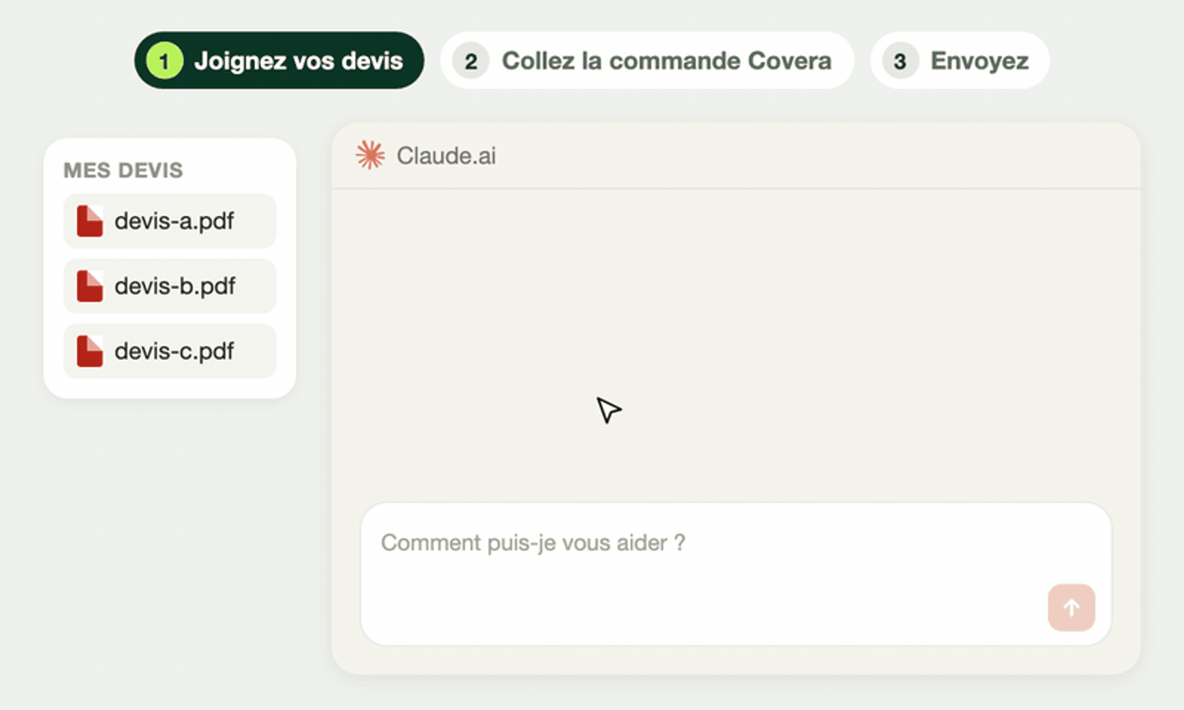 Dans Claude.ai : trois devis glissés dans la conversation, la commande Covera collée, puis le PDF de comparatif qui arrive