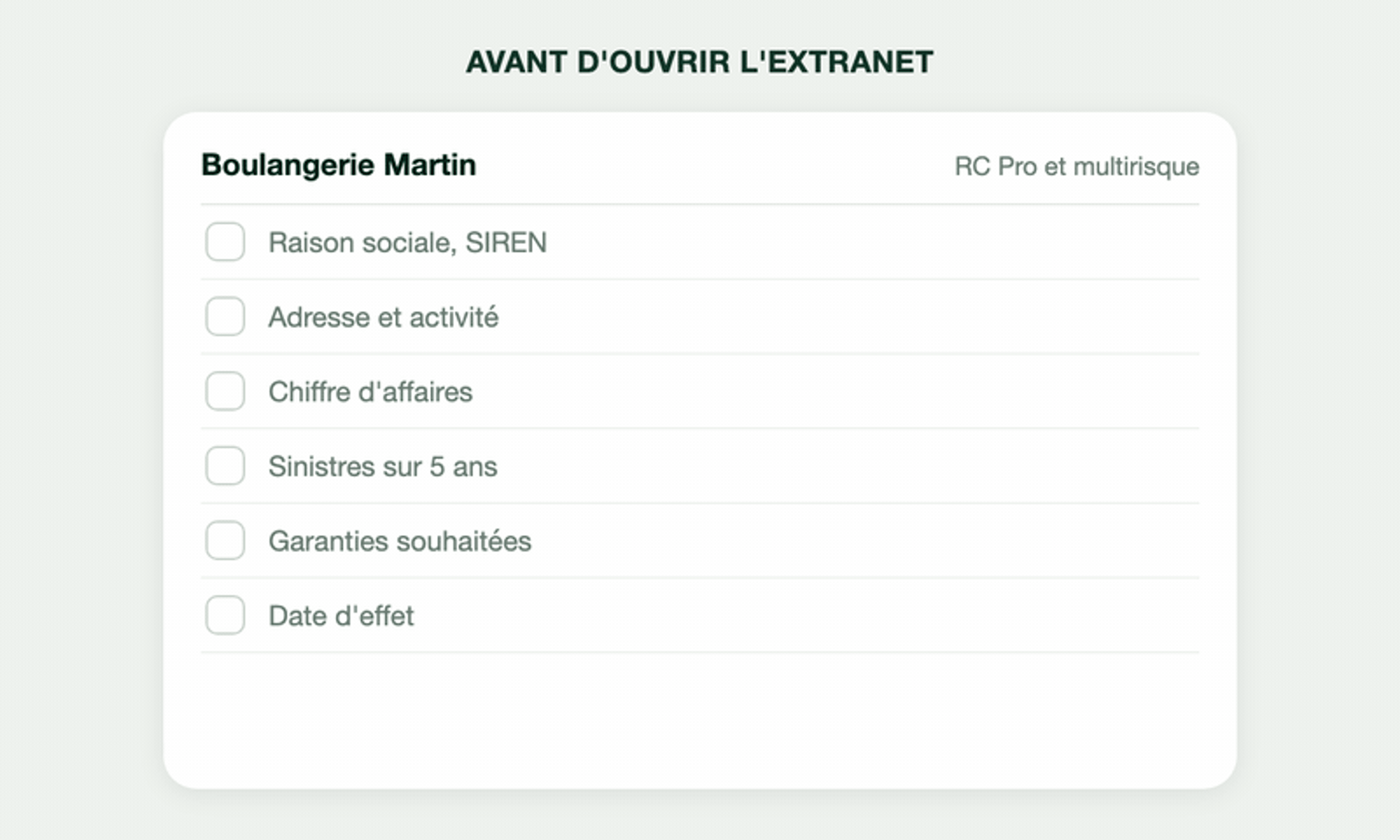 Liste de préparation d'un dossier RC Pro : chaque information cochée avec sa pièce source