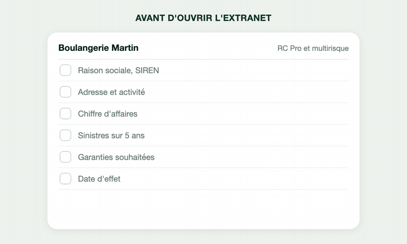 Liste de préparation d'un dossier RC Pro : chaque information cochée avec sa pièce source