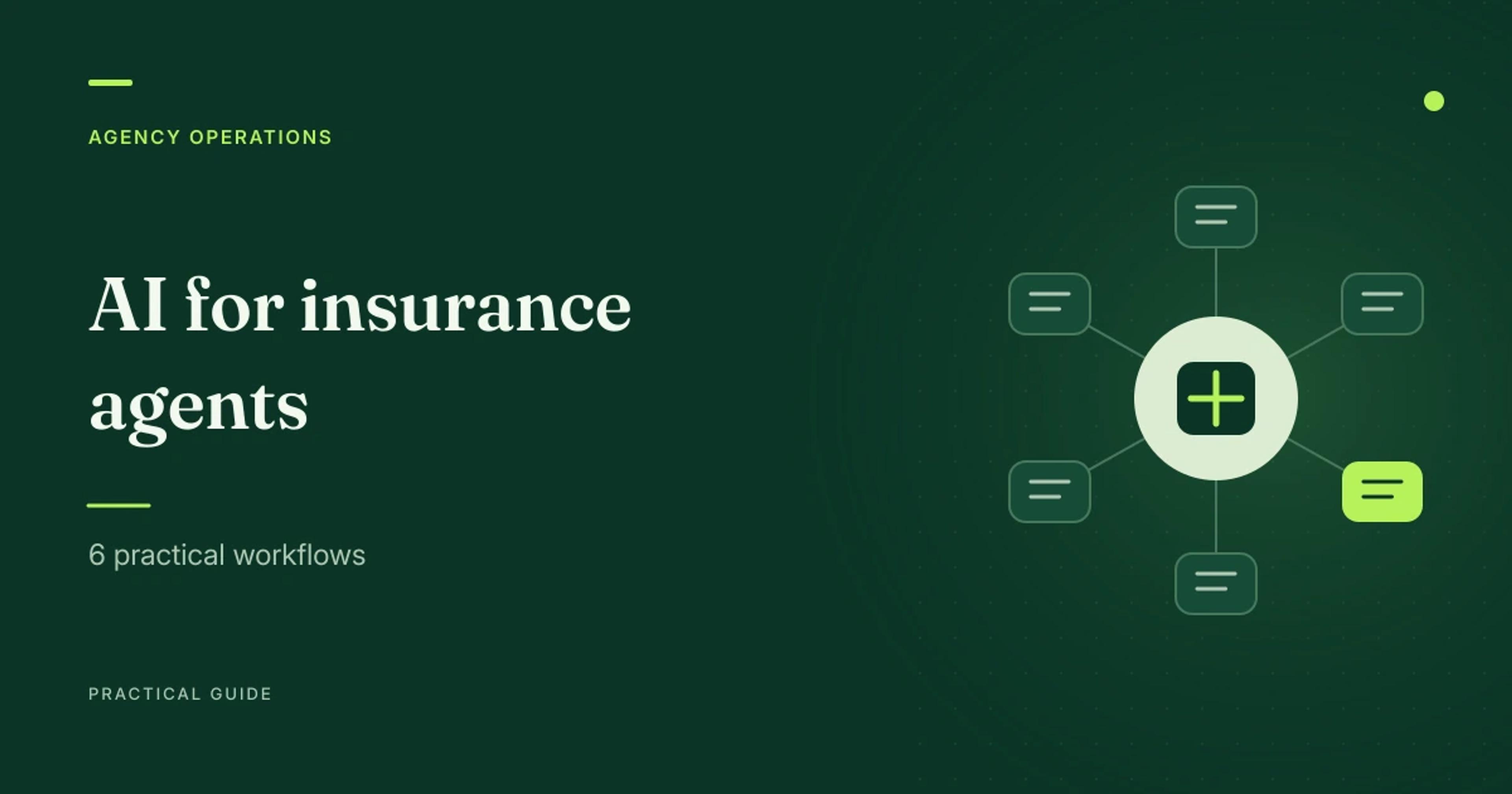 Editorial illustration of connected work modules for six practical AI workflows in an insurance agency.