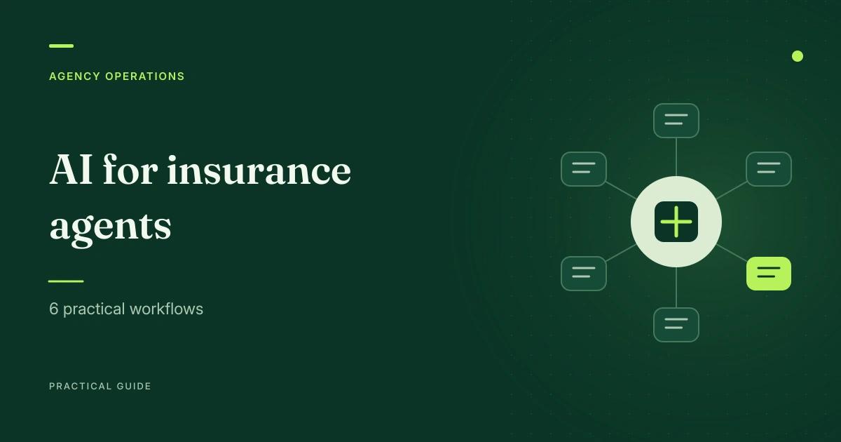 Editorial illustration of connected work modules for six practical AI workflows in an insurance agency.