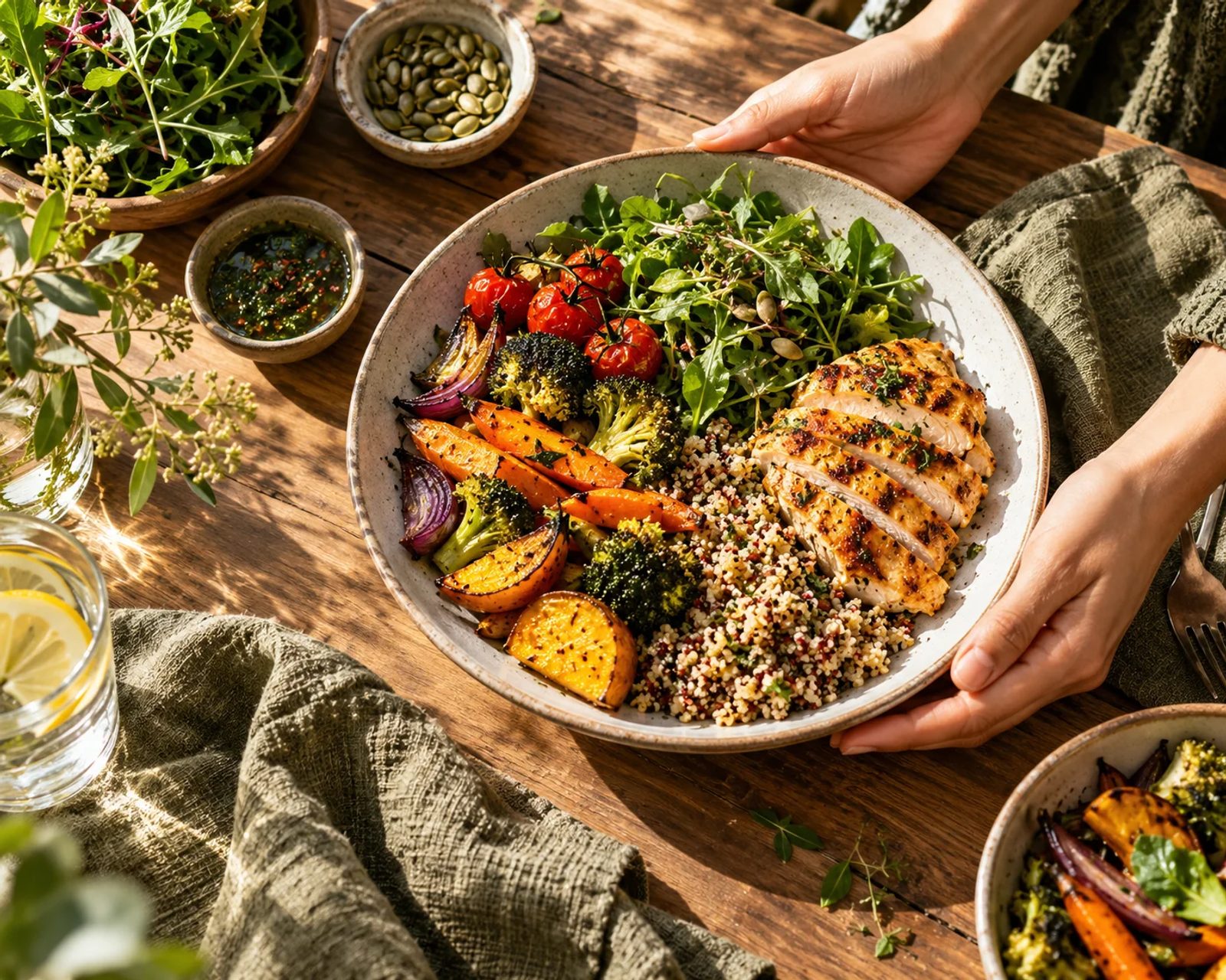 Hands serving a colorful balanced meal at a wooden table