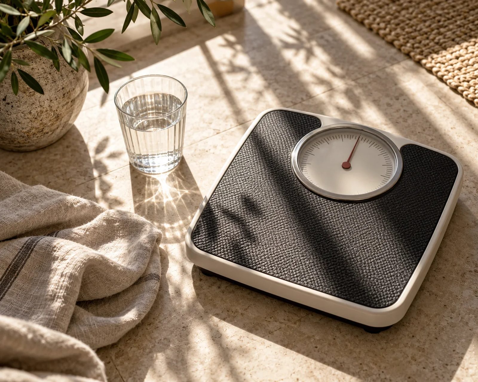 Analog bathroom scale beside a glass of water in morning light
