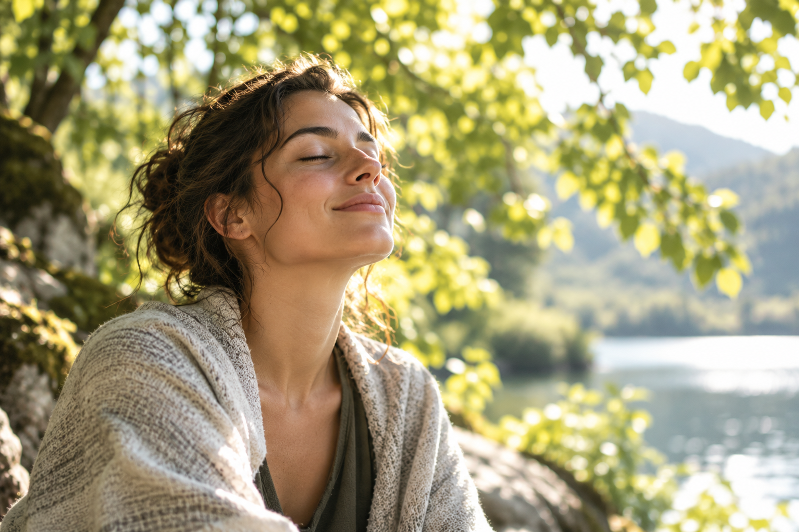 A person outdoors with eyes gently closed in sunlight filtering through leaves.