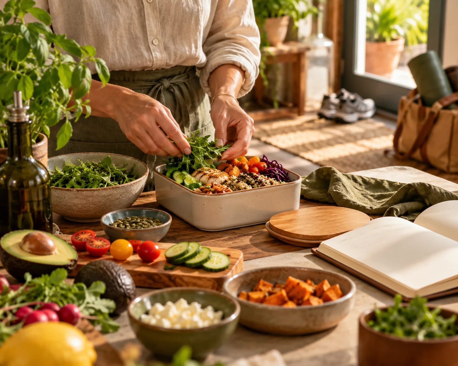 Person preparing a colorful meal at home in a warm kitchen