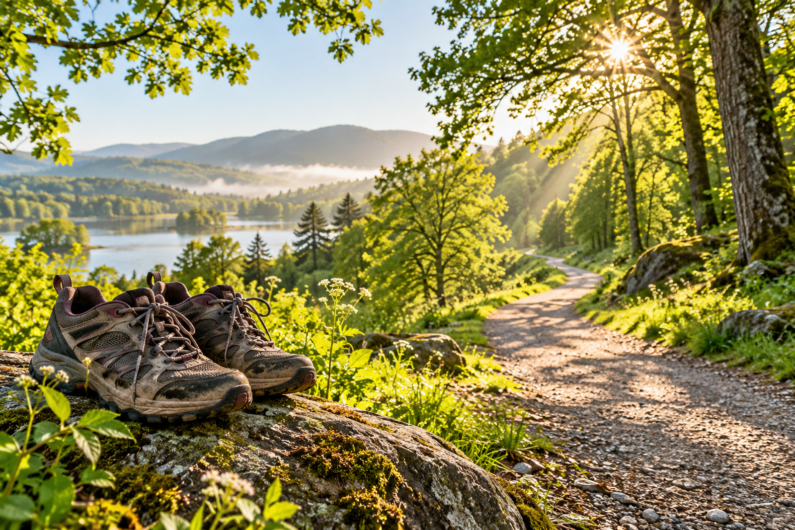 Walking shoes beside a sunlit path winding through green trees.
