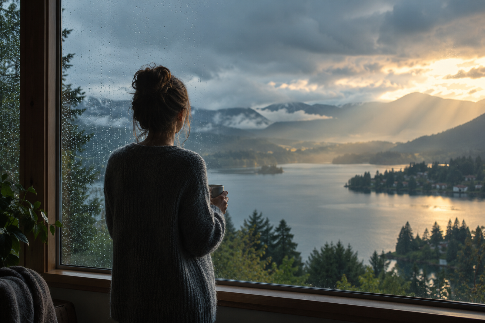 A person looking through a rain-streaked window toward a patch of sunlight.