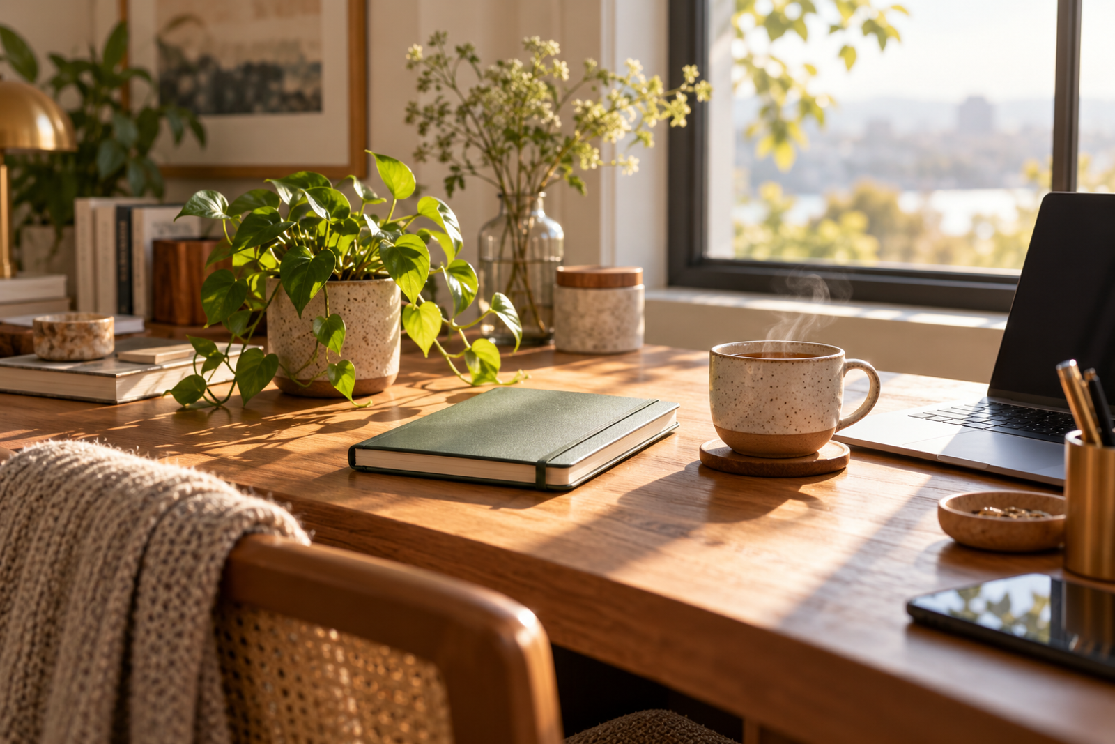 A calm workspace with tea, a small plant, notebook, and natural light.