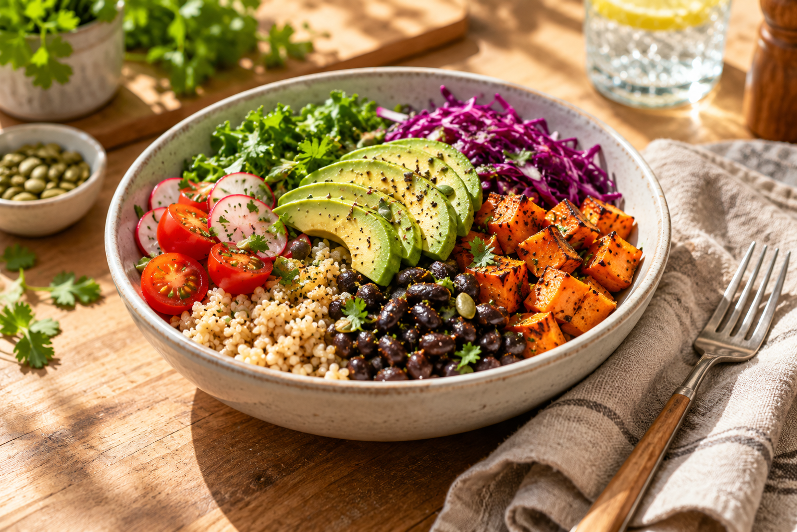 A colorful everyday meal with grains, beans, vegetables, and avocado.