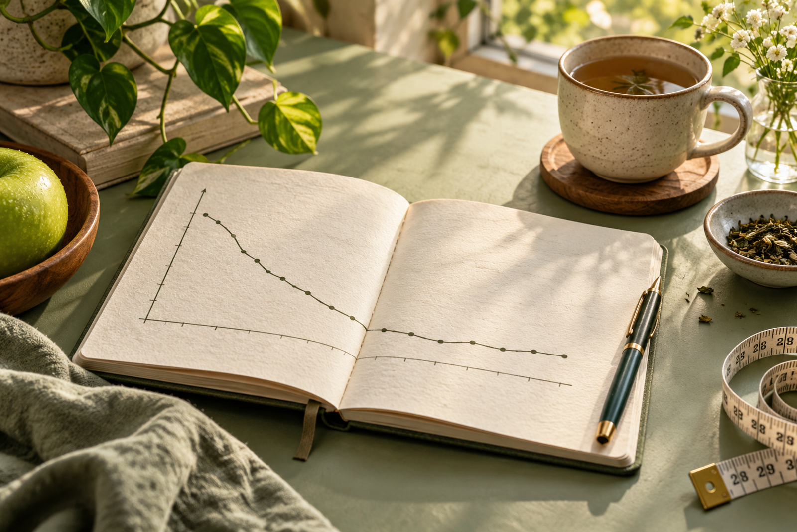 An open notebook with a gently leveling line chart, pen, and tea on a sage tabletop.