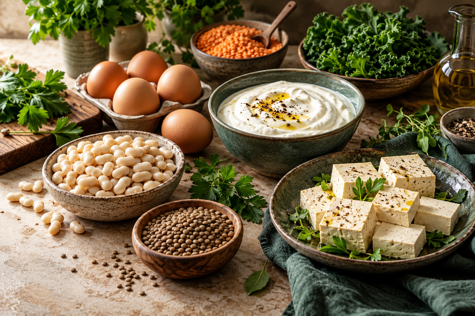Eggs, beans, yogurt, tofu, lentils, and herbs arranged on a stone counter.