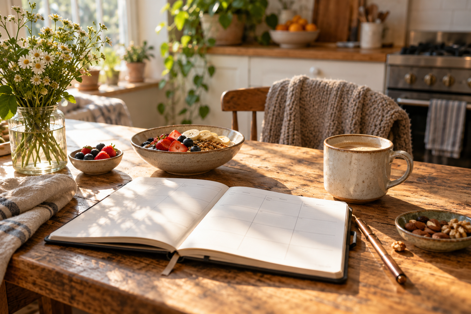 A weekly planner beside a simple breakfast and coffee in morning light.
