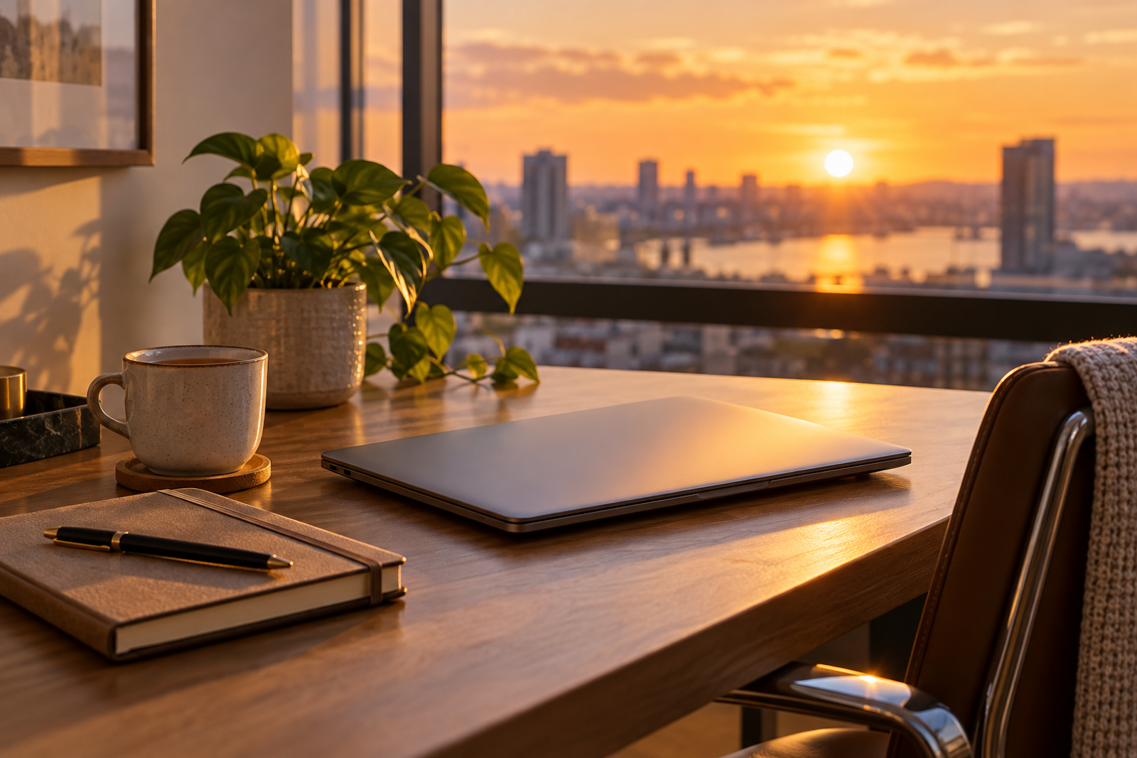 A closed laptop, notebook, tea, and plant beside a sunset-lit window.
