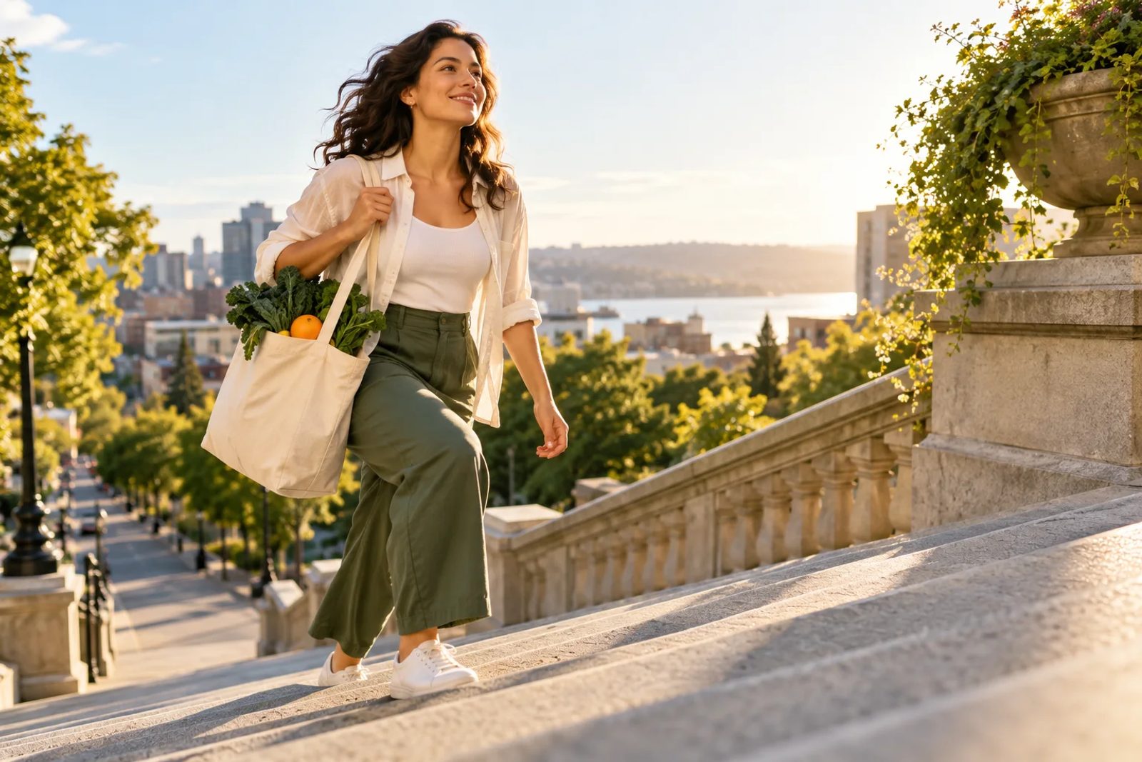 Person carrying fresh produce while climbing outdoor city steps in warm morning sunlight