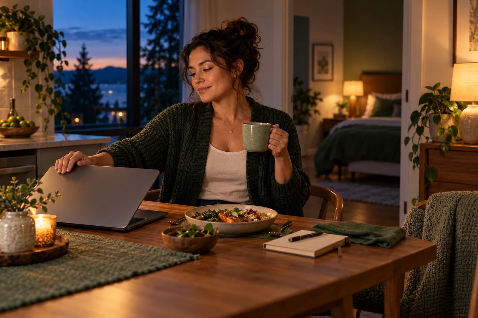 Person closing a laptop with a warm drink and meal at home in evening light