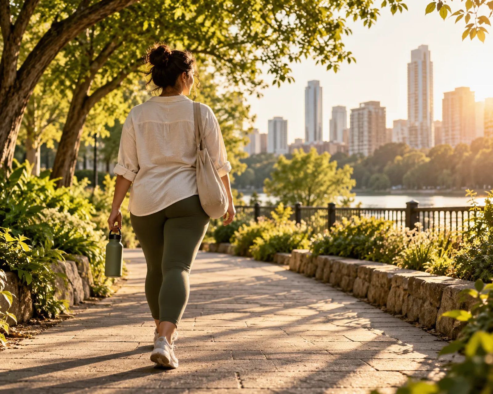 Person walking along a sunlit city path among trees