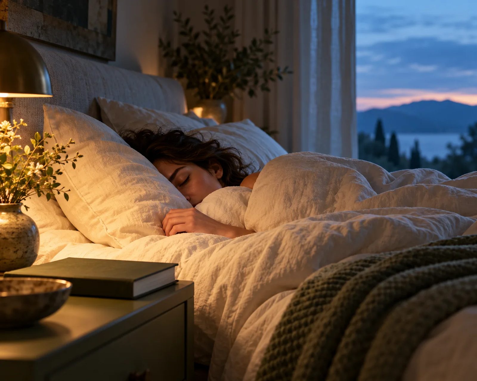 Person sleeping in a softly lit bedroom at blue hour
