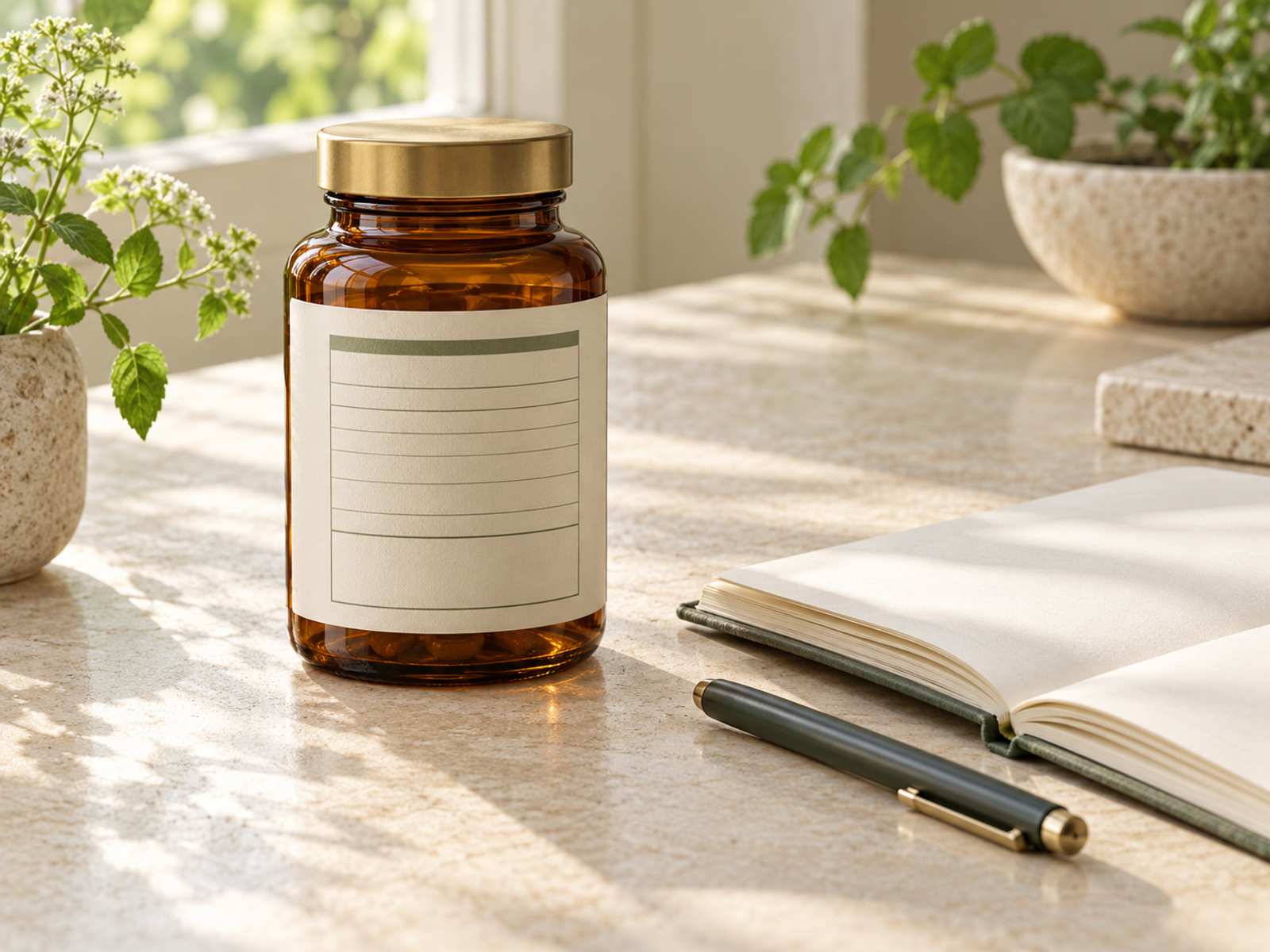 Unbranded amber supplement bottle with a blank label beside an open notebook and pen in warm daylight.