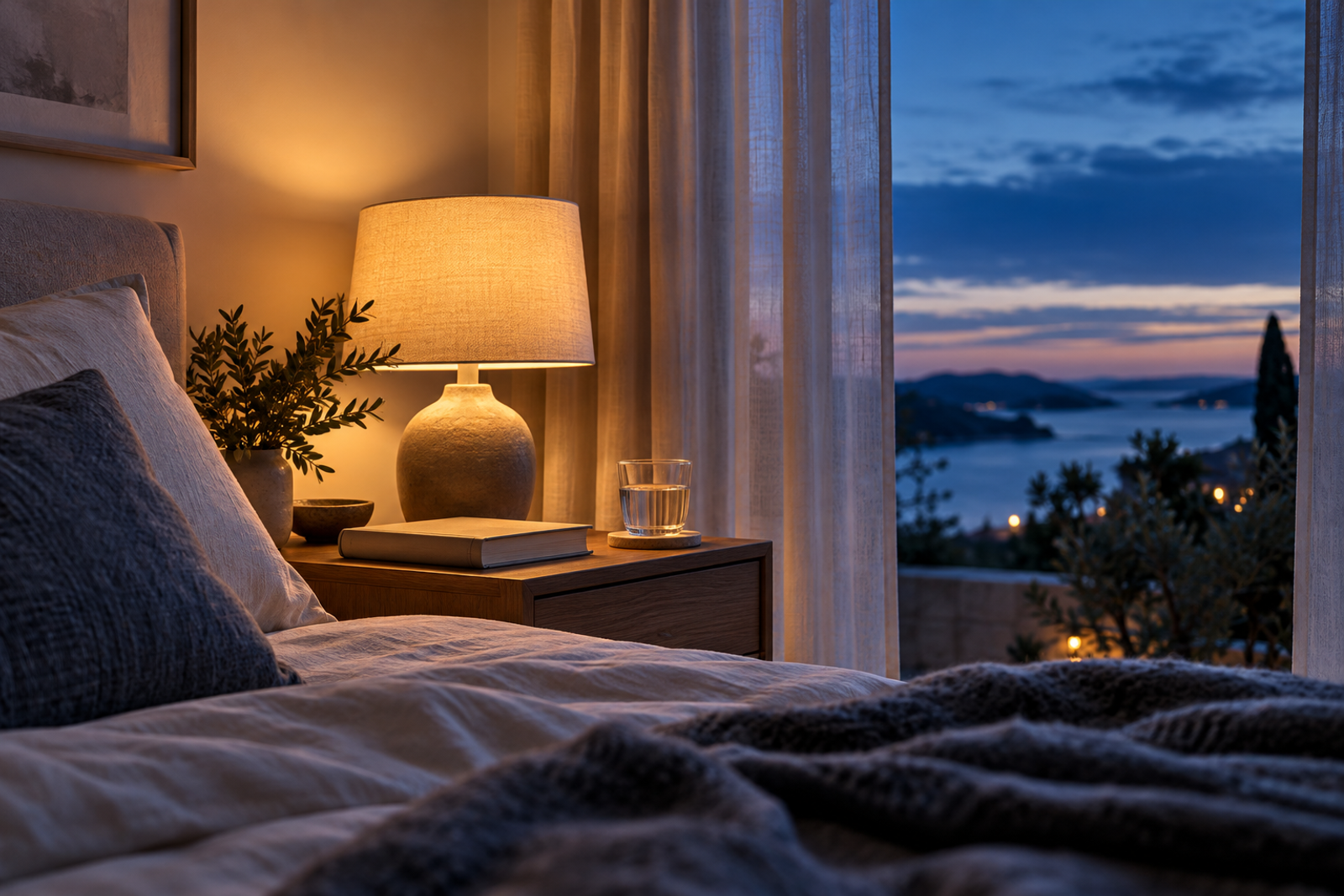 A bedside lamp, closed book, and water glass beside a blue evening window.