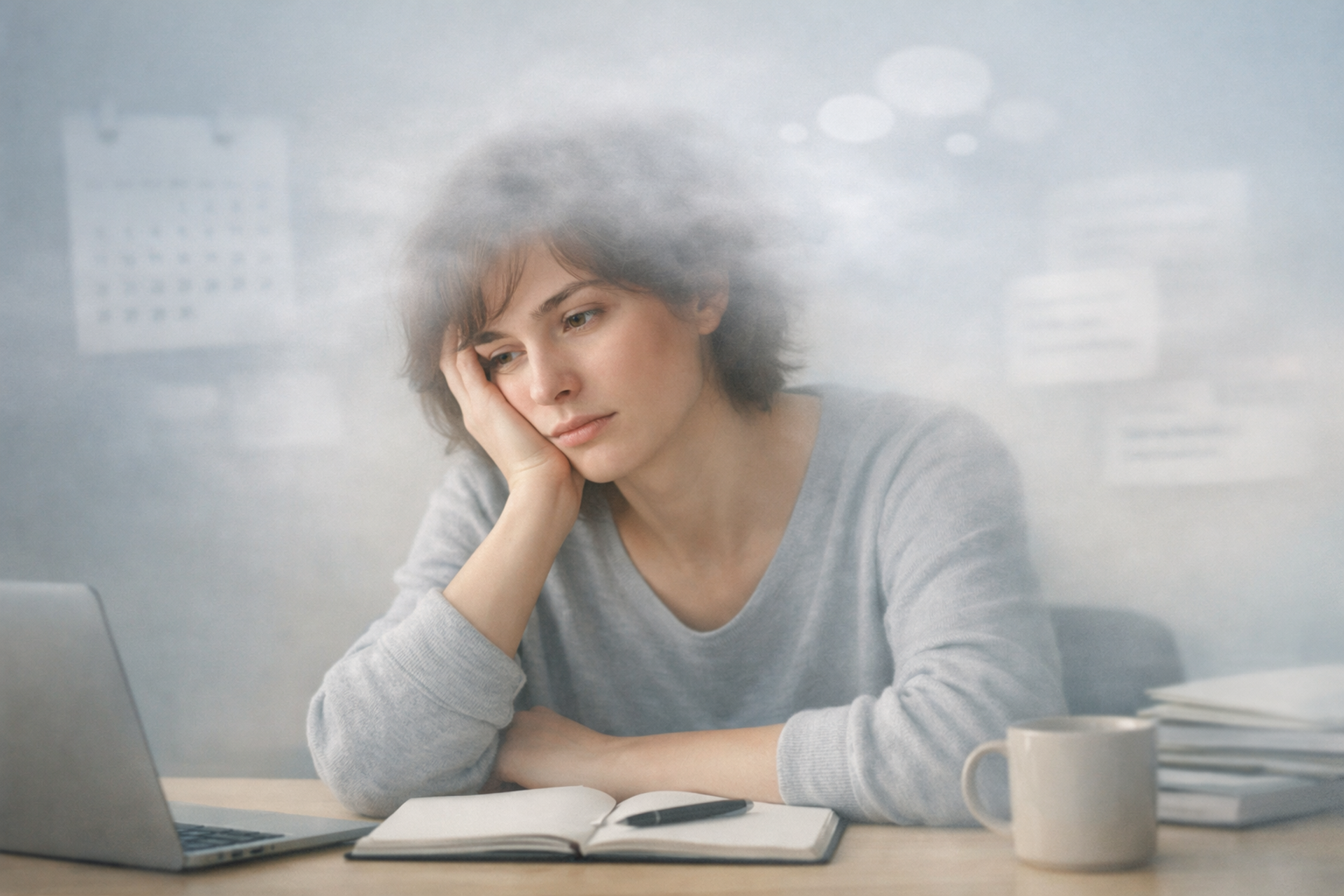 A person at a desk appearing mentally overwhelmed, with a soft fog around their head representing what brain fog feels like, including lack of focus and mental clarity.