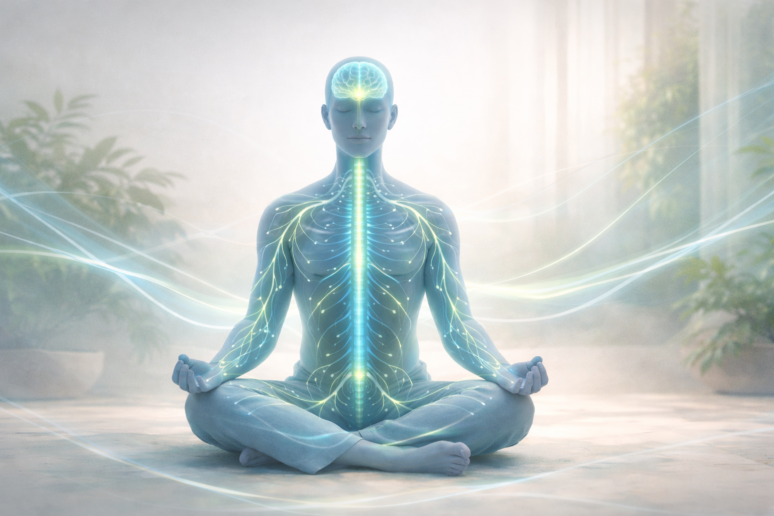 Meditating person with a glowing nervous system illustration, representing calm, balance, and nervous system regulation