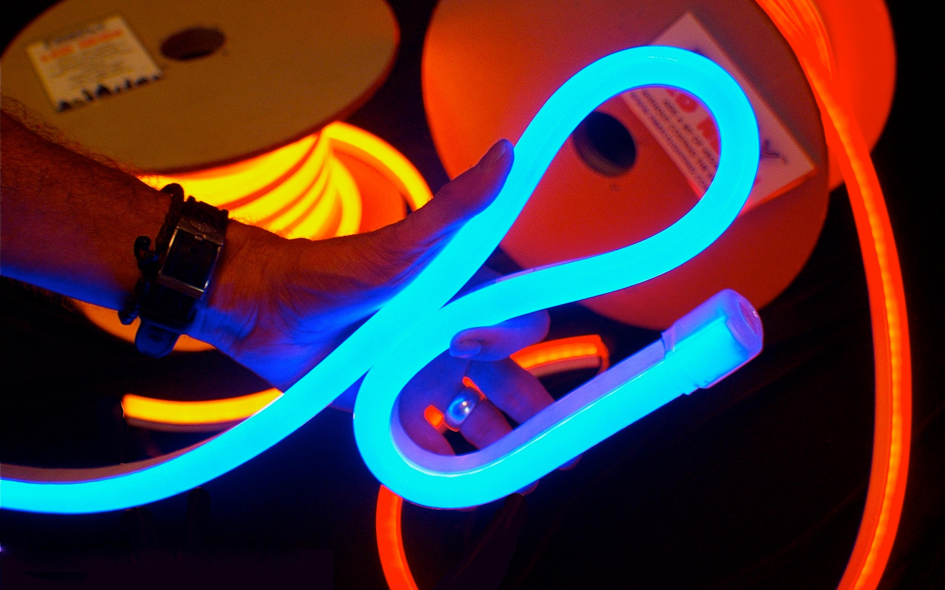 Reels of FloppyFlex LED neon in blue and orange