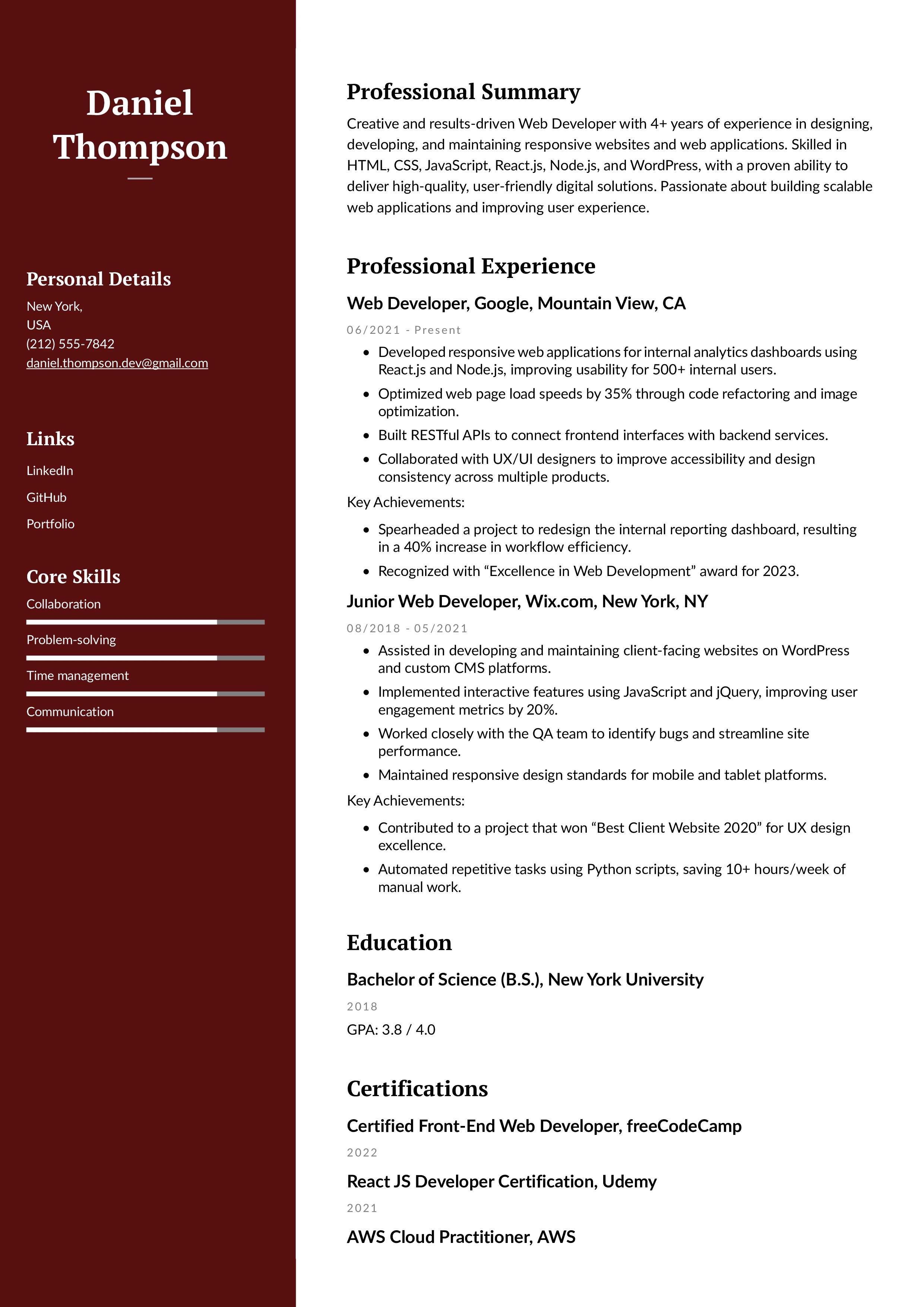 Web Developer Resume Example