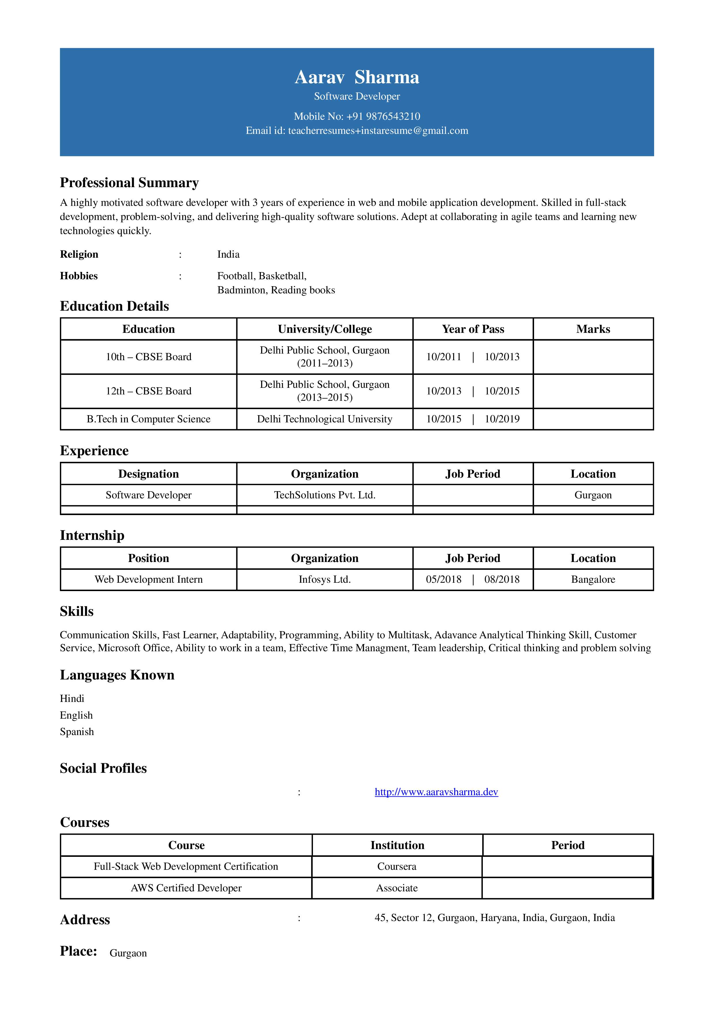 Biodata format for job application
