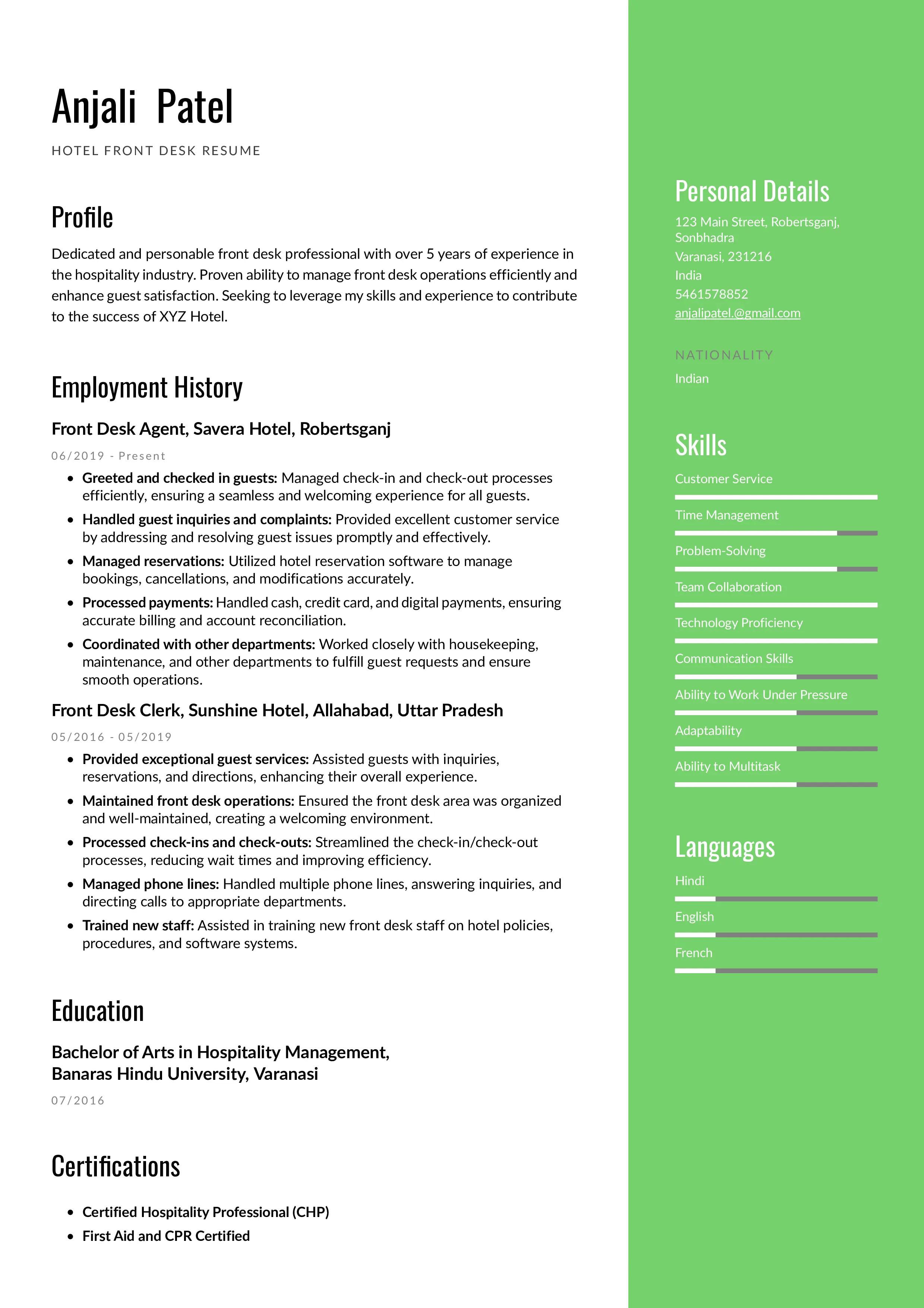 Hotel front desk resume example made from instaresume.io