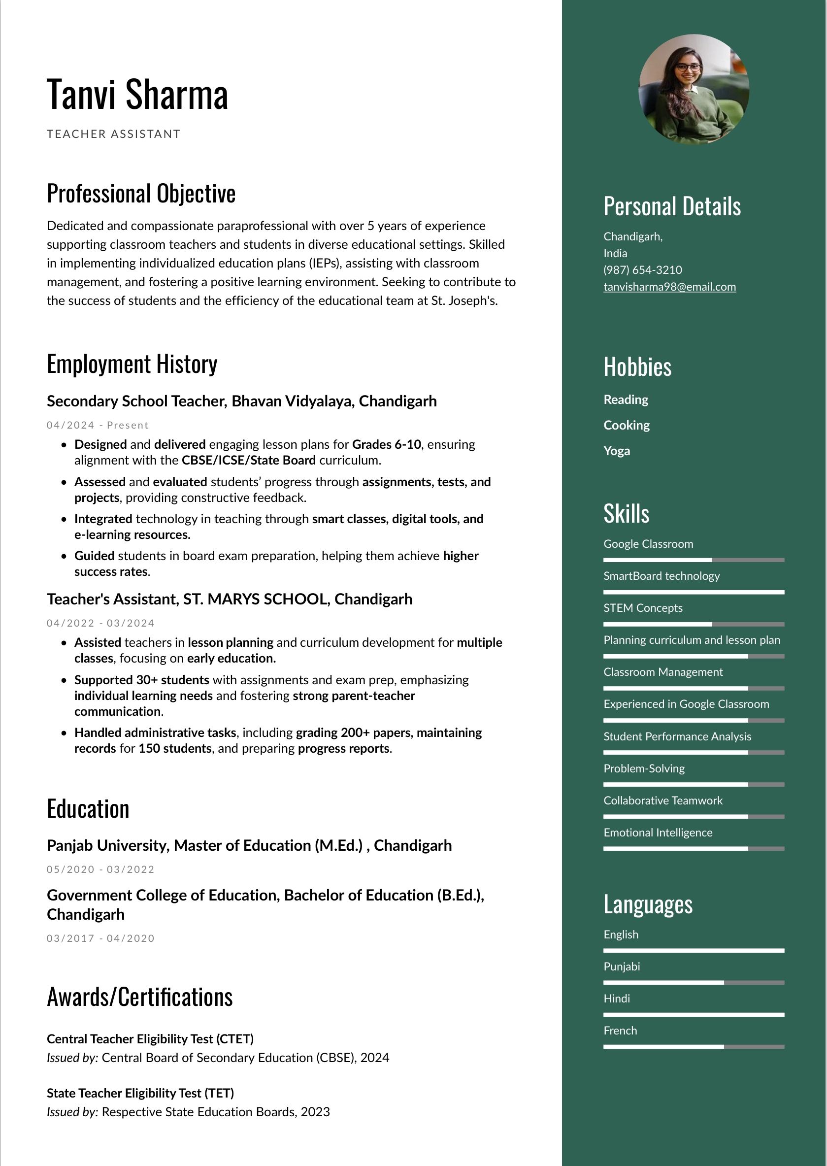 Resume example of teacher resume using instaresume.io template.