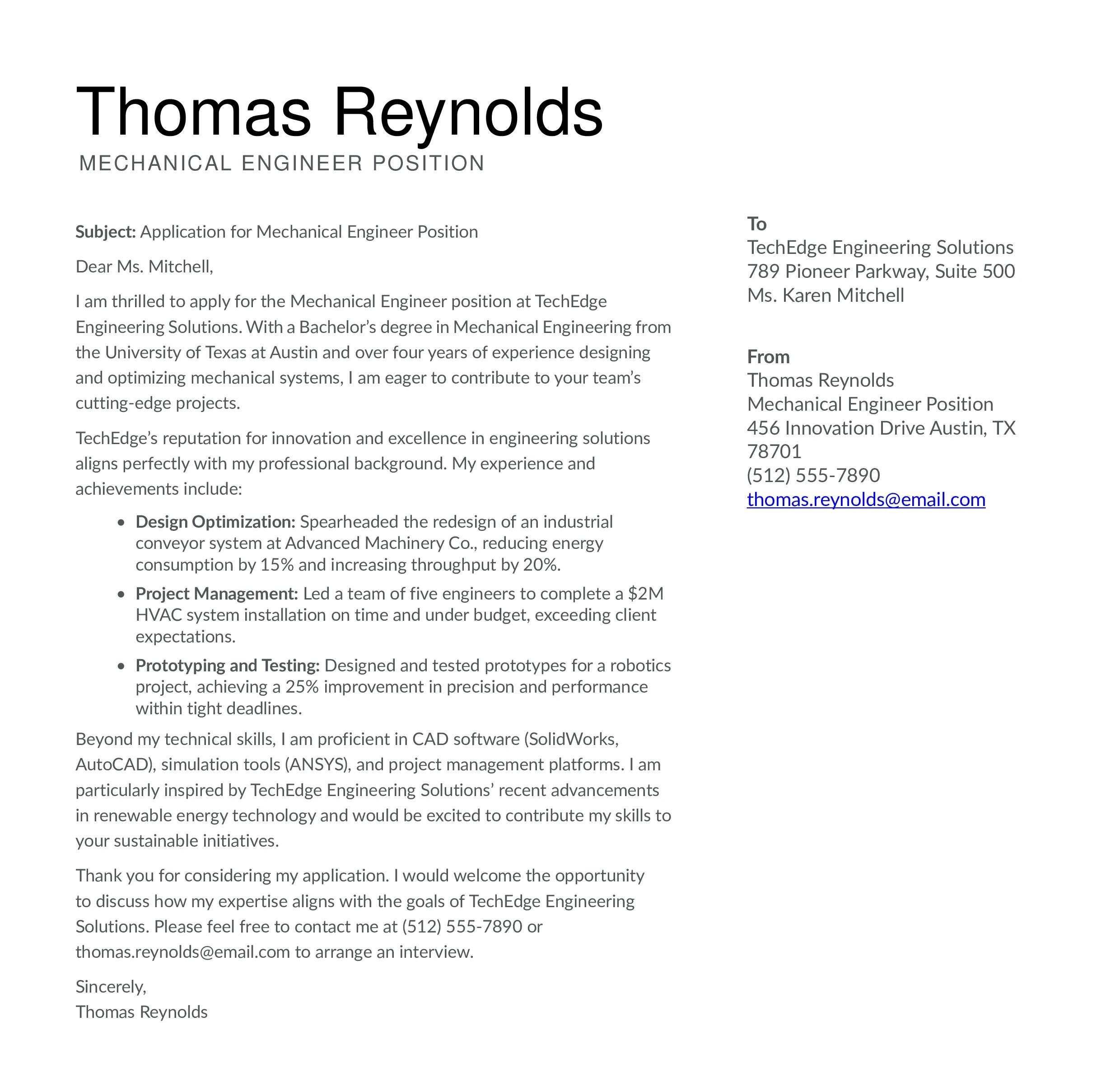 Engineering Cover Letter Example