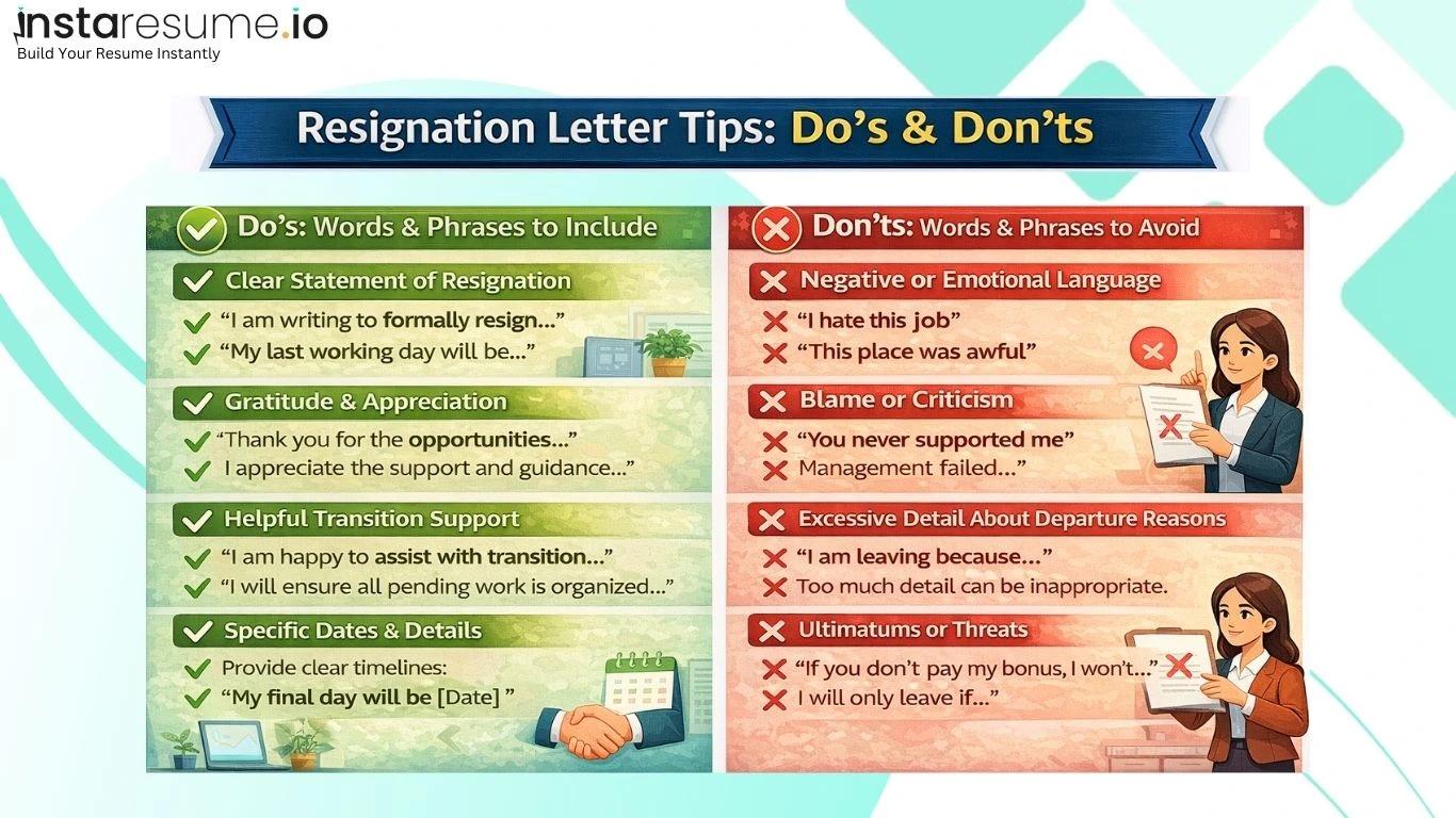 An infographic titled "Resignation Letter Tips: Do's & Don'ts" from instaresume.io, designed to guide professionals on how to write a graceful exit letter. The image is split into two columns: a green "Do's" section on the left and a red "Don'ts" section on the right. Left Column: Do's (Green) Clear Statement of Resignation: Advises using phrases like "I am writing to formally resign..." and "My last working day will be..." Gratitude & Appreciation: Suggests expressing thanks for opportunities and appreciation for support and guidance. Helpful Transition Support: Recommends offering to assist with the transition and ensuring all pending work is organized. Specific Dates & Details: Encourages providing clear timelines and stating the final day clearly. Right Column: Don'ts (Red) Negative or Emotional Language: Warns against using phrases such as "I hate this job" or "This place was awful." Blame or Criticism: Advises avoiding statements like "You never supported me" or "Management failed." Excessive Detail About Departure Reasons: Notes that providing too much detail can be inappropriate. Ultimatums or Threats: Explicitly warns against saying things like "I will only leave if..." or making threats regarding bonuses.