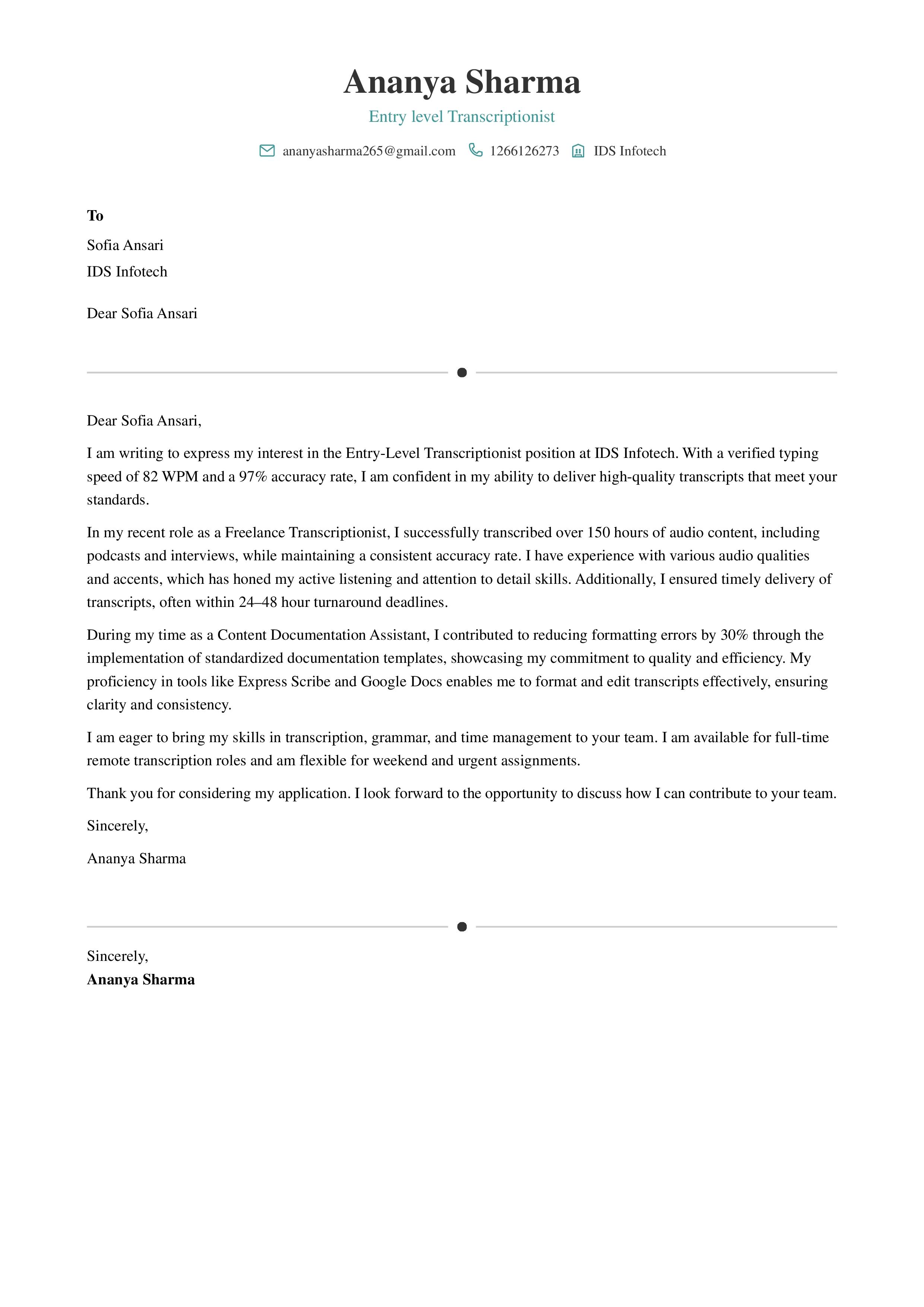 Editable Cover Letter Example – Entry Level General Transcriptionist